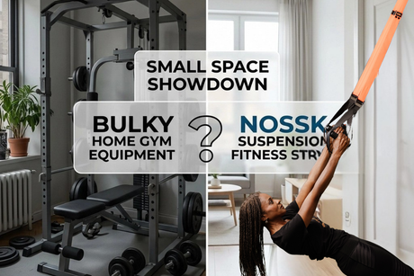 Split-screen comparison of bulky home gym equipment vs NOSSK suspension fitness straps in a small apartment, highlighting space-saving full-body workout solutions for small home gyms and apartment fitness.