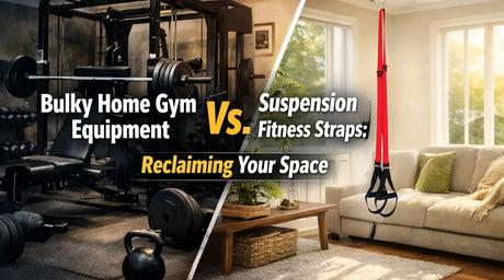 Picture of a dark living room, cluttered with bulky workout equipment on the left side, contrasted by a bright and airy living room space with a suspension fitness strap hanging from the ceiling on the right hand side of the picture