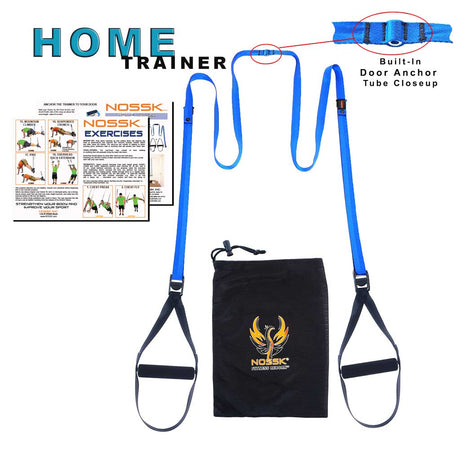 NOSSK HOME Trainer suspension fitness kit featuring straps, a black carry bag, and a built-in door anchor system for travel workouts