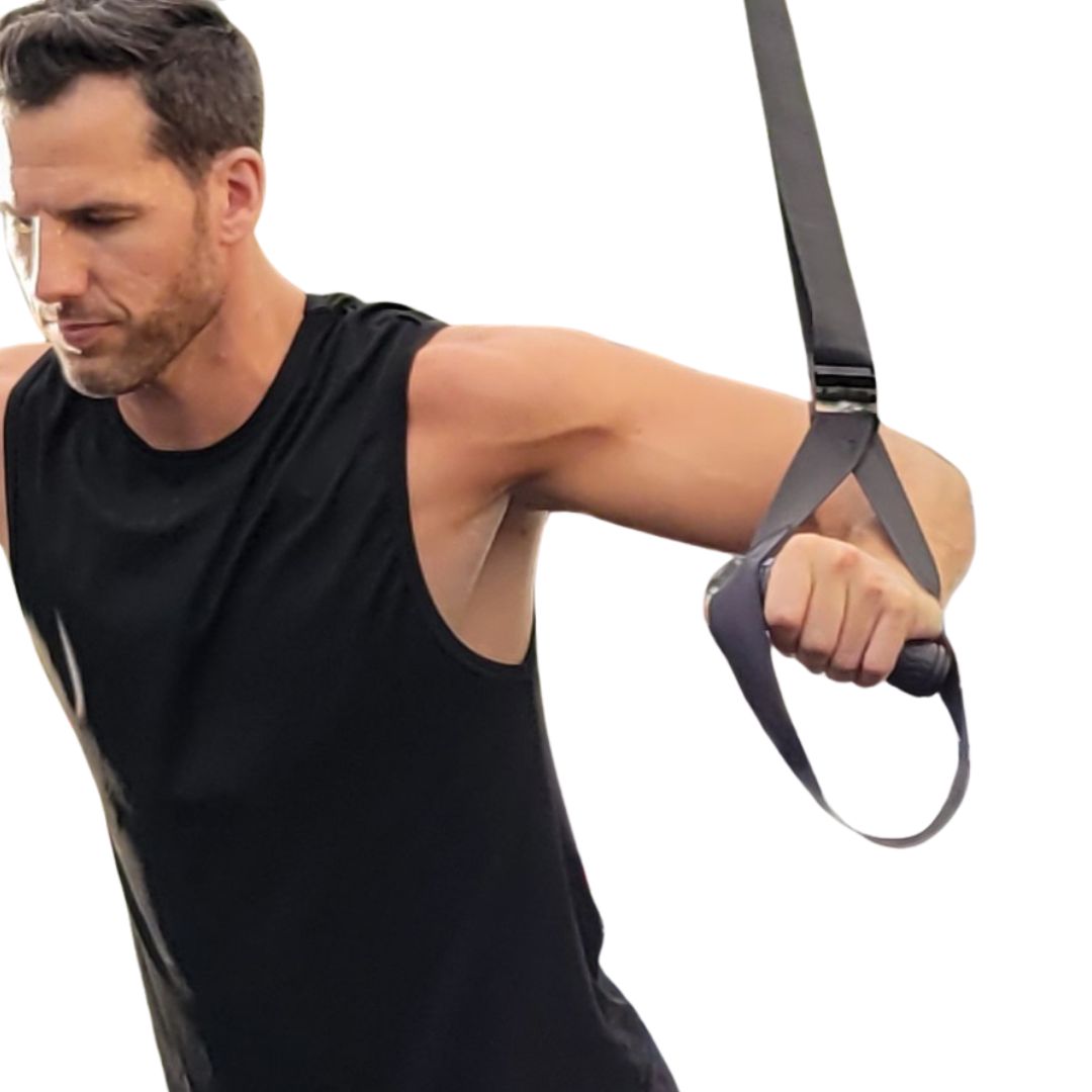 Side view of a athlete doing a suspended chest press with the NOSSK Twin Pro Trainer