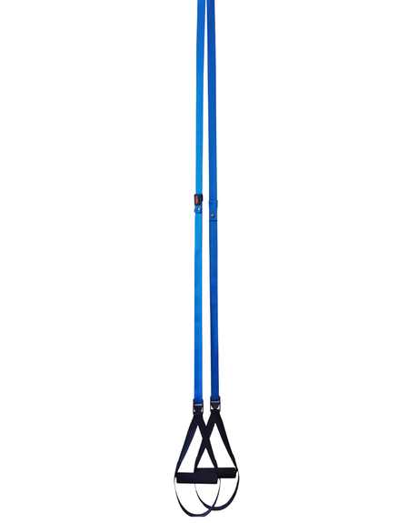 Blue NOSSK HOME suspension fitness trainer straps hanging for a home workout.