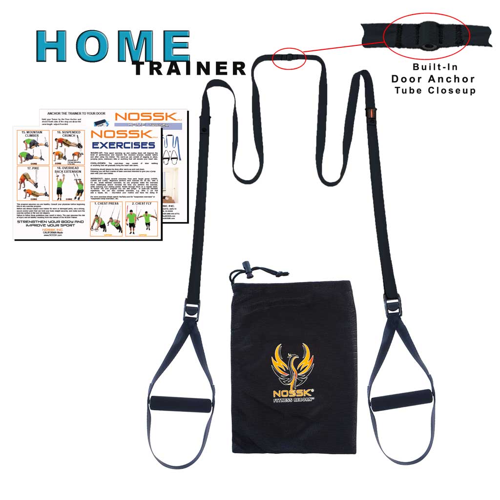 NOSSK HOME suspension fitness trainer kit with straps, built-in door anchor, and carrying bag