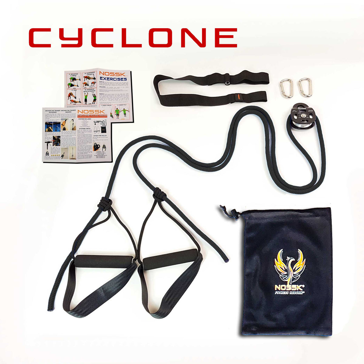 NOSSK CYCLONE pulley bodyweight trainer with rope, pulley, handles, foot loops, and carrying bag